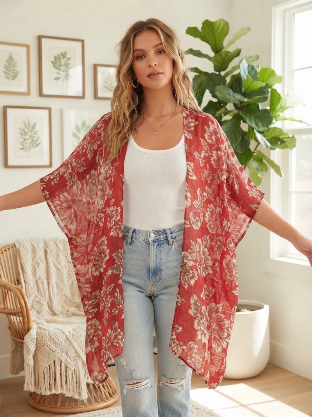 Floral Sheer Kimono Cover-Up - Rust Floral